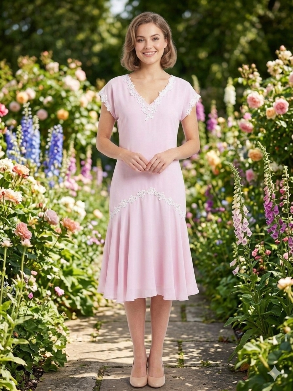Classic Pink V-Neck Lace-Trim Tea Dress